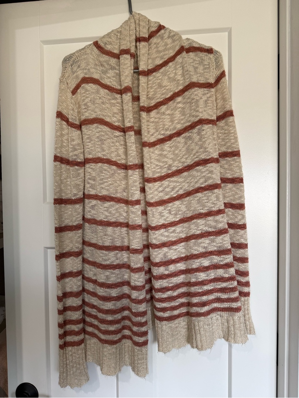 Pink Rose Striped Open-Front Cardigan in Beige and Rust